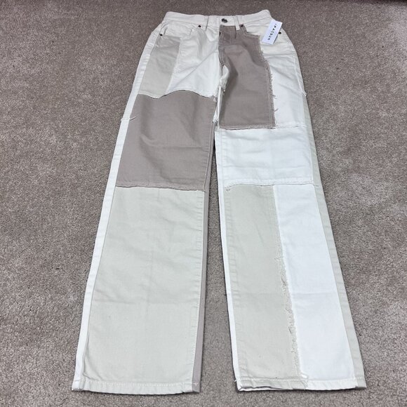 Pacsun Dad Jean Brown Tan Ivory Patched Five Button Fly Pockets Size 23 NWT - Picture 1 of 15